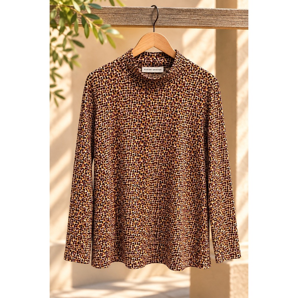 Susan Graver Womens Large Mock Neck Long Sleeve Abstract Print Top Burgundy Gold